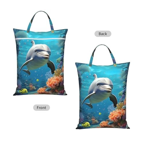 Dolphin and Coral Travel Laundry Bag for Dirty Clothes 1 PC, Foldable Waterproof Washable Wet Dry Bag with Handle Zippered Hanging Laundry Hamper for Travel, Gym, Swimming Pool — view 2