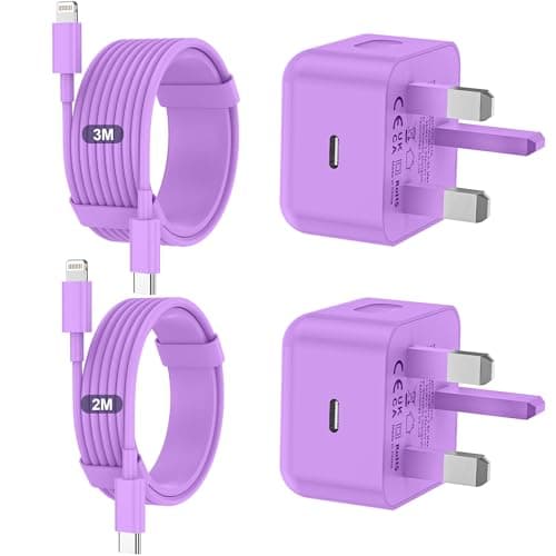 iPhone Charger Fast Charge 2Pack，PD Fast for Apple Charger UK USB C Plug With 2M&3M iPhone Fast Charger Cable [ MFi Certified] Lightning Cable for iPhone 14 13 12 11 Pro Max, iPad (Purple, 2Packs)