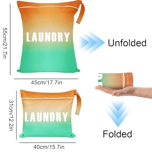 2 Pcs Travel Laundry Bags (Large 55x45cm & Small 40x31cm) - Waterproof Washing Bags for Laundry with Double Zippers, Dirty Clothes Bags with Handle for Travel, Gym, Camping (Orange-Green Gradient) — view 2