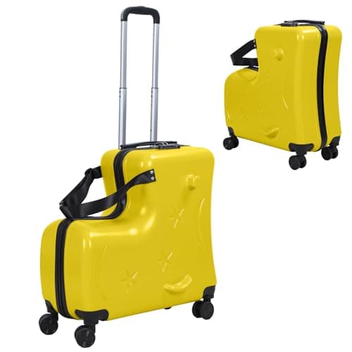 toilmua Kid's Ride-On Luggage with Spinner Wheels, 20" Foldable & Removable Hardside Ride On Suitcase with Child Seat 10 Degree Forward Tilts Trolley Expandable Luggage 40KG Capacity 1 Set