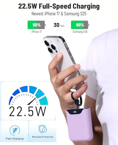 Small Power Bank, 10000mAh Fast Charging Portable Charger with Built-in USB-C In/Out Cable for Travel, LED Display Mini Battery Pack for 17/16/15/14/13, iPad, Andriod and More (Purple) — view 2