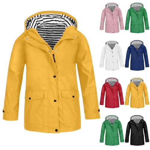 Girls Lightweight Jacket Waterproof Windbreaker Hooded Rain Coats with Pockets Boys Girls Winter Trench Coat Long Light Packable Rain Jacket Cotton Lined Fall Clothes for Kids (Yellow, 13-14 Years)