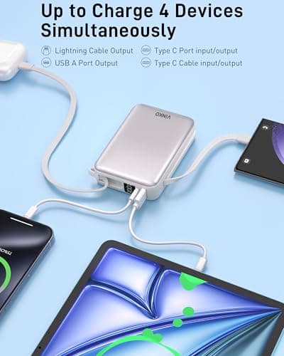 VINKO 20000mAh Fast Charging Power Bank, Small Power Bank with Built-in Cable, 22.5W USB C Portable Charger, Mini Battery Pack for iPhone 16 15 14 13 Samsung Galaxy Google Android (Sliver) — view 3