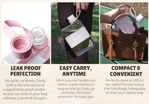 hydr Flat Water Bottle For Handbag & Flexible Cleaning Brush | 500ml Tritan BPA Free Slim Travel Water Bottle, small bottle for handbag (Pink) — view 3
