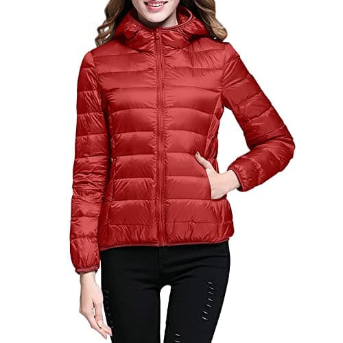 Womens Winter Lightweight Puffer Jacket with Hood Warm Short Packable Women Quilted Jacket Transitional Padded Down Jacket for Ladies Lined for Hiking Travel Plus Size Thin Jacket Down Red — view 2