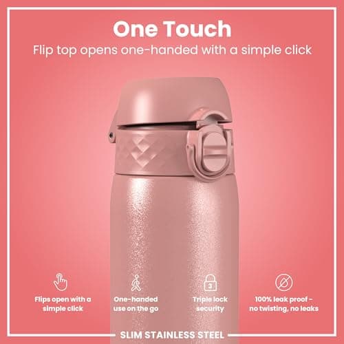 ION8 Lightweight Steel Water Bottle, 600 ml/20 oz, Non-Insulated, Leak Proof, Easy to Open, Secure Lock, Dishwasher Safe, Flip Cover, Fits Cup Holders, Carry Handle, Metal Water Bottle, Ash Rose Pink — view 3