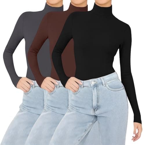 YCBMINGCAN Pack of 3 Women's Thermal Shirt Long Sleeve & Turtleneck Shirt Lightly Lined Soft Basic Top with Stand-Up Collar Thin Fleece Undershirt Winter Tops for Women, #3 Red, L