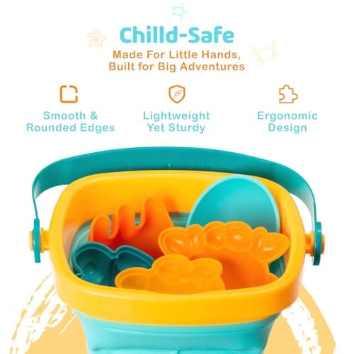 Hobee 6 Piece Foldable Beach Bucket Set for Kids - Ultimate Seaside Fun with Collapsible Bucket, Spade, Rake, and 3 Sand Moulds — view 5