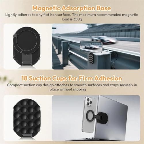 Phone Mount - Magnetic Stand | 180 Rotatable Foldable Suction Cup, Strong Magnet Holder For Car Glass Wall Window Desk Tripod Compatible Home Office Workout Recording Travel — view 3