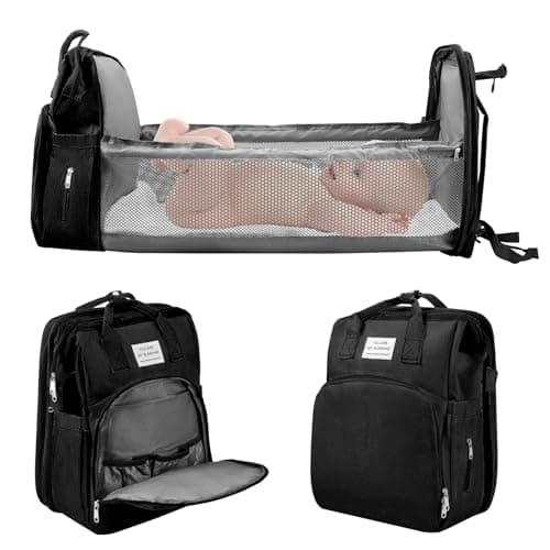Baby Changing Bag Backpack, Portable Nappy Changing Backpack with Foldable Cot Bed, Large Capacity Baby Diaper Bag with Changing Mat,Waterproof Mummy Shoulder Bag for Travel with Stroller Straps,Black