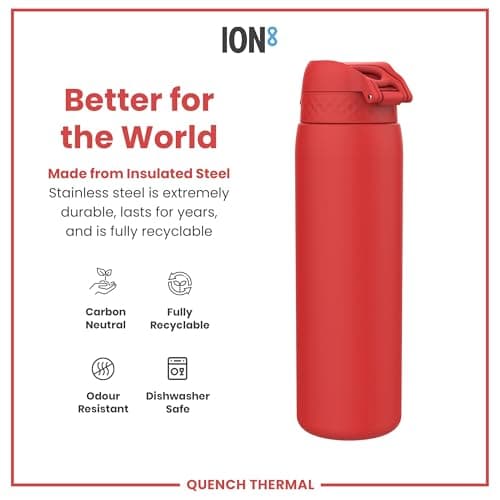 Ion8 Vacuum Insulated Stainless Steel 1 Litre Water Bottle, 920ml, Leak Proof, One-Finger Open, Secure Lock, Carry Handle, Dishwasher Safe, Scratch Resistant, Ideal for Sports and Yoga, Red — view 5