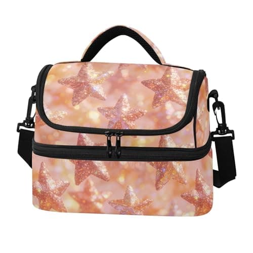 Caihoyu Double-layer Lunch Bag Rose Gold Glitter Stars Soft Cooler Cooling boxes? with Shoulder Strap for Beach, Camping, Road Trips