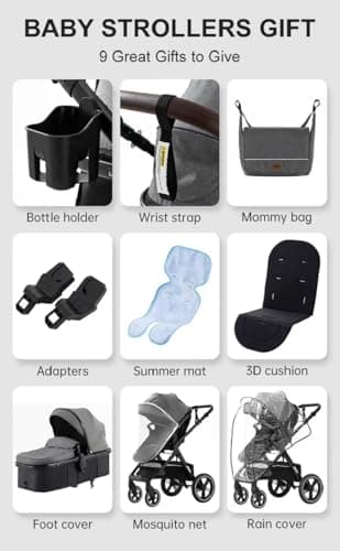 ALYIKOU Prams 3 in 1 Travel System, Pushchair with Height Adjustable Handle, Travel Pram with Mosquito Net, Baby Stroller with Aluminum Frame for Newborn 0-4 Years (X1 Khaki) — view 3