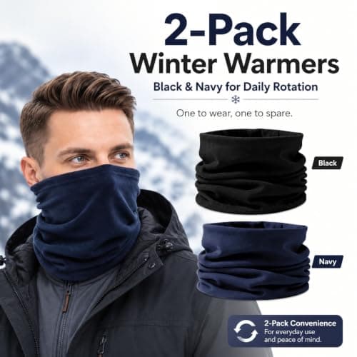 2 Pcs Winter Fleece Neck Warmer, Snoods for Men Women, Bandana Face Covering Mask, Windproof Thermal Neck Gaiter Scarf for Motorcycle Running Skiing Cycling Outdoor Sports(Black and Navy Blue) — view 2