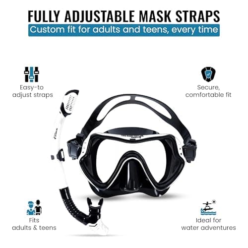 Two Bare Feet Dry Top Snorkel and Silicone Mask Set – Anti-Fog Wide View Tempered Glass Lens with Adjustable Silicone Straps – Leak-Proof Snorkelling Gear for Adults & Teens, Swimming & Diving — view 6