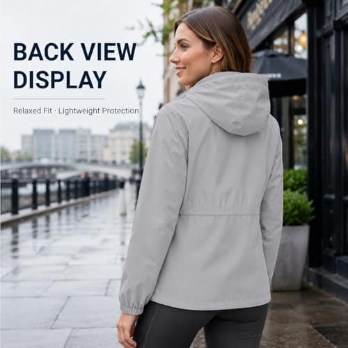 NWDEY Women's Lightweight Waterproof Jacket Ladies Packable Raincoat Hooded Windproof Rain Jacket Coat for Outdoor Travel (UK, Alpha, 3XL, Regular, Regular, Grey) — view 4