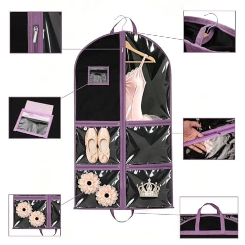 3 Pack Dance Costume Bags, 40 inch Garment Bags with 4 Clear Zipper Pockets — view 3