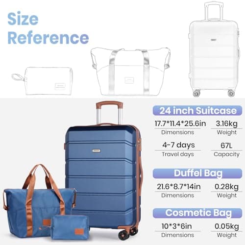 Tavoxda Suitcase Sets 3 Piece, Hard Shell Lightweight ABS Trolley Travel Luggage Set Spinner Wheels & TSA Lock with Travel Duffel Bag and Toiletry Bag, 24” Medium Set, Blue — view 3