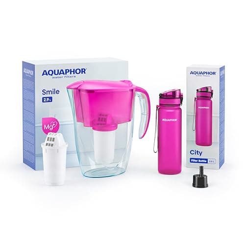 AQUAPHOR Bundle – 2.9L Smile Pink Water Filter Jug with A5 Filter (Magnesium added) + 500ml City Filter Water Bottle Pink | Reduces Limescale, Chlorine, Microplastics and PFAS | BPA-Free