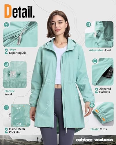 Outdoor Ventures Women's Waterproof Rain Jacket Packable Long Rain Coat — view 3