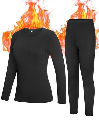 Roadbox Thermal Underwear Base Layer for Women Fleece Lined Crew Neck Long Johns Warm Top & Bootom Set Ski Winter Black