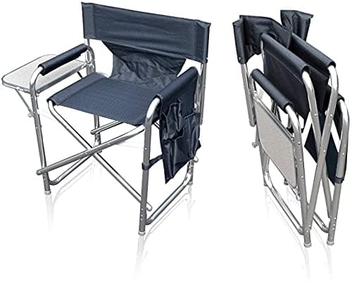 MP Essential Folding Strong Sturdy Solid Aluminium Sports Directors Chair with Folding Side Table & Pockets, Ideal for Fishing Garden Camping Outdoor Event (Graphite Grey)