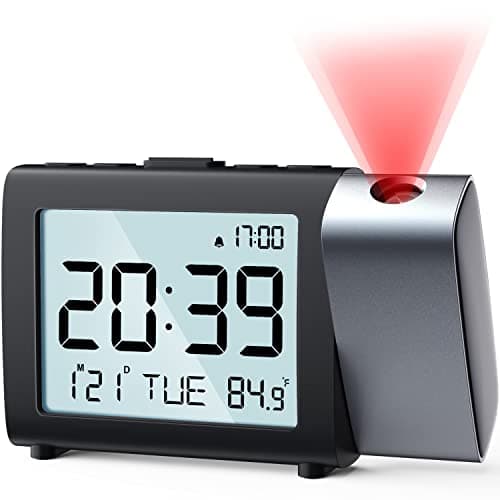 Projection Alarm Clock for Bedroom with 180° Projector, Large LCD Display