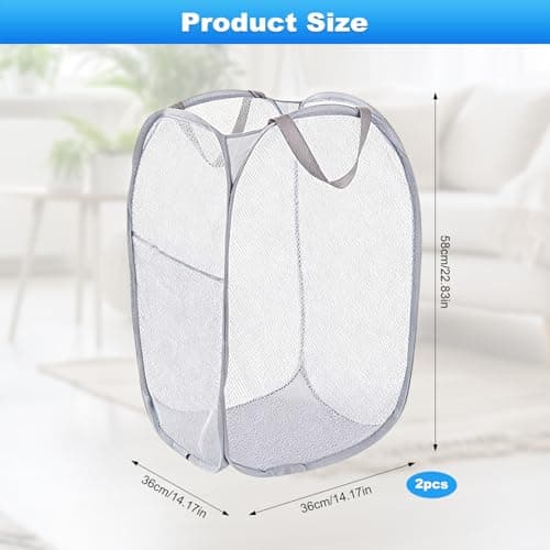 2 Pcs Foldable Laundry Basket Pop Up Mesh Washing Bag with Handles and Side — view 2