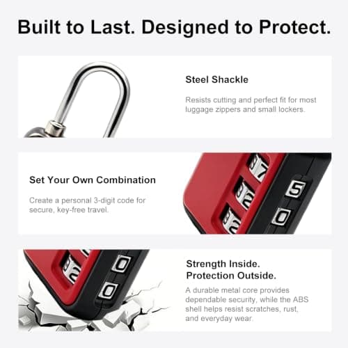 UP Security TSA-Approved Combination Padlock - Durable, Resettable, Compact Travel Lock for Luggage, Suitcase, Gym Locker, and More (Black+Red) — view 4