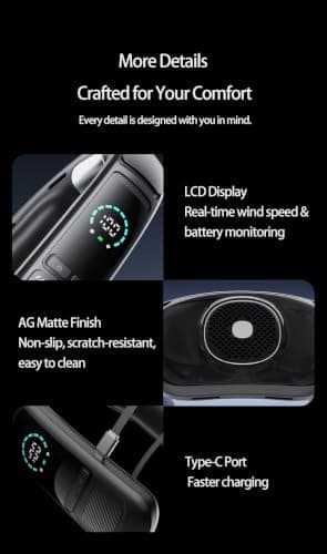 Portable Bladeless Neck Fan Black, 360° Airflow, 100 Speed Levels, 3s Quick Cool, 6000mAh Battery, LED Smart Display, Quiet USB Rechargeable Wearable Fan for Outdoor Sports & Home Use — view 6
