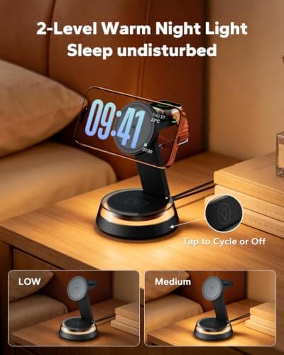 KPON 3 in 1 Wireless Charging Station for iPhone and Apple Watch, 15W Fast Magnetic Charger Stand with Adjustable Angle and Night Light, Charging Dock for Apple Devices, Desk & Bedside Organizer — view 4