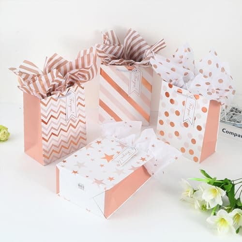 4Pack Medium Gift Bags with Tissue Paper,Rose Gold,4 Design,18 x 23 x 10CM — view 3
