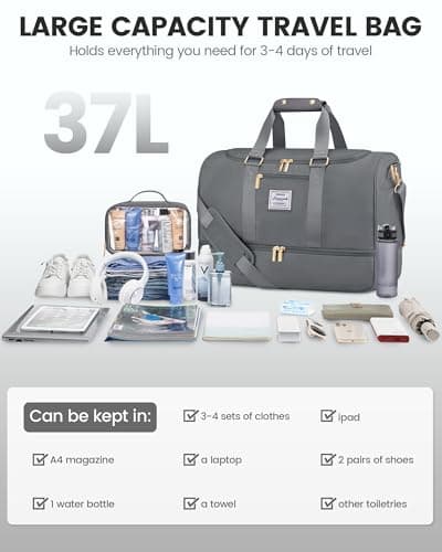 LOVEVOOK Travel Gym Bag for Women - Waterproof Overnight Holdall Duffel with Toiletry & Shoe Compartments, Wet Pocket, Cabin Flight Bag for Sports Trips, Grey — view 5