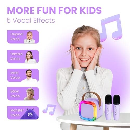 Karaoke Machine for Kids Adults, Karaoke Toys Gifts for Girls Boys, Portable Bluetooth Speaker with Wireless Microphone, Birthday Gifts for Girls Boys Ages 4, 5, 6, 7, 8, 9, 10, 12+ Years Old(Purple) — view 3