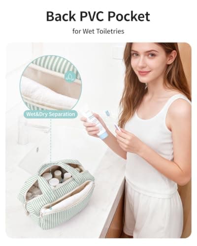 Narwey Toiletry Bags for Women, Large Full Size Wash Bag Women, Travel Size Toiletries Bag for Holiday Essentials, Makeup Bag Organizer Hospital Bag for Accessories (Mint Green Stripe) — view 4