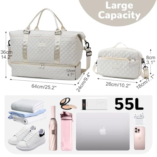 Outplea 55L Travel Bag for Women, Large Overnight Weekender Bag with Shoe Compartment & Wet Pocket, Hospital Holdall with Toiletry Bag, White — view 2
