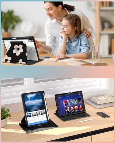 SurgeCraft for iPad Mini 7 A17 Pro 2024/ Mini 6 Case 8.3 Inch 2021, Rotating Stand& Pencil Holder for Women Girls Cute Folio Cover Girly Flower Black Auto Sleep/Wake for iPad Mini 7th/6th Gen Cases — view 6