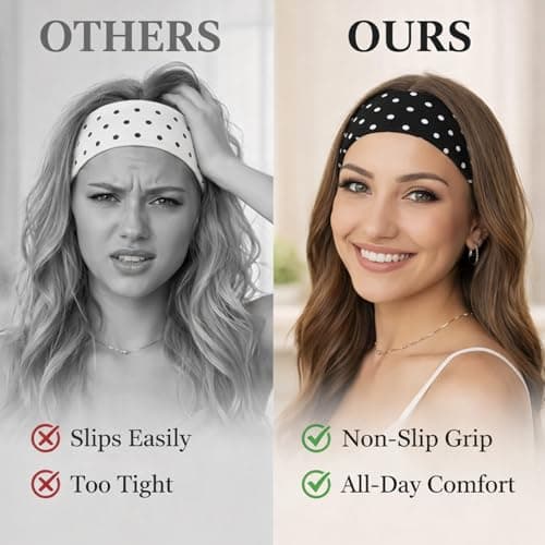 Black and White Polka Dot Sports Headband Set - Elastic Wide Fabric Non Slip Hair Band for Women, Gym, Yoga, Fitness, Running, Daily Wear, Workout Travel Styling, Soft Retro Stretch Headband — view 3