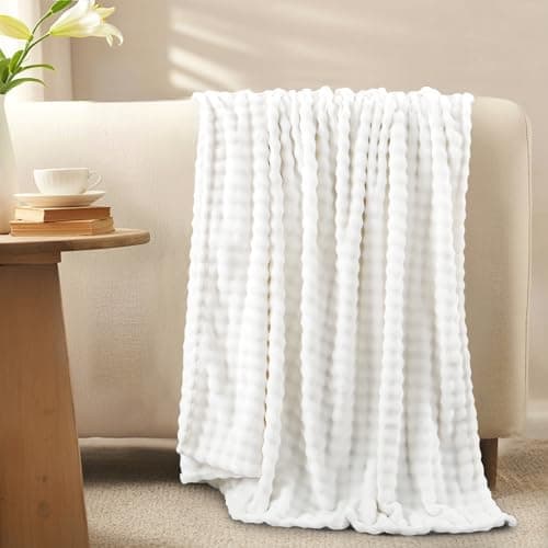 RUIKASI Fleece Throw Blanket for Sofa - White Single Fluffy Bubble Throws Cozy Blanket with Reversible Design, Throw 130x150 cm — view 3
