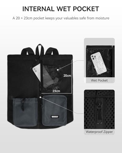 WANDF Swim Bag Mesh Backpack with Wet Dry Compartment, Waterproof Drawstring Sports Bag for Men Women, Large Gym Swim Beach Bag for Workout, Pool, Travel, PE Kit (Black) — view 2