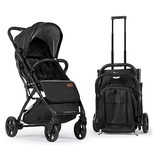Baby Pushchair Stroller– Lightweight Foldable Travel Buggy with 5-Point Harness, Adjustable Seat Back and Oversize Basket Folds with 1 Hand – Smooth Swivel Wheels Rain Cover (Black Leather) — view 2