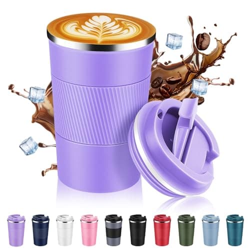 Volhoply 380ml 13oz Stainless Steel Insulated Travel Coffee Mug with Fip Lid,Reusable Double Wall Vacuum Metal Coffee Cup,Portable to Go Leak Proof Cafe Tumbler for Hot & Cold Drinks(Purple,1)