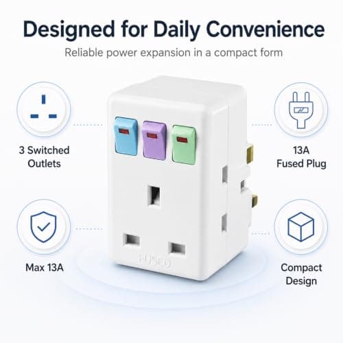 3 Way Plug Adapter UK, Multi Plug Adaptor with Individual Switches — view 6