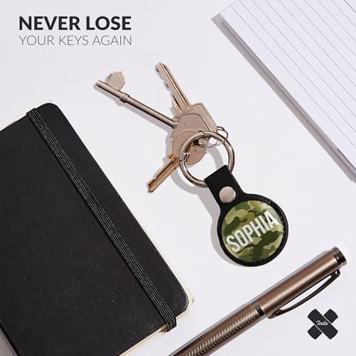 Tirita Personalised Case Keyring Holder Compatible with Apple AirTag 1 & 2 - Leather Case with Key Ring for Apple Air Tag [29- Camo Green Name on Black] — view 2
