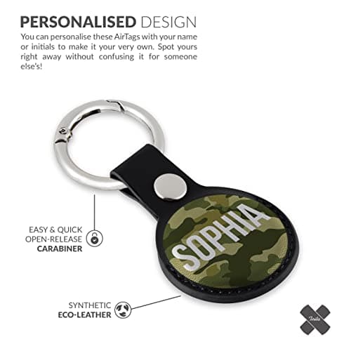 Tirita Personalised Case Keyring Holder Compatible with Apple AirTag 1 & 2 - Leather Case with Key Ring for Apple Air Tag [29- Camo Green Name on Black] — view 5