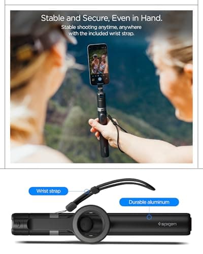 Spigen S582W MagFit Plus MagSafe 66" Extendable Tripod Selfie Stick for iPhone, 360° Rotating Head Bluetooth 5.0 Remote, One Push Opening Magnetic Phone Stand, Universal metal ring included - Black — view 6