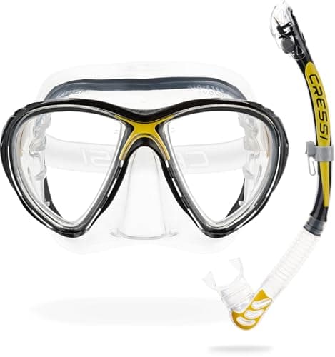 Cressi Big Eyes Evo & Alpha Ultra Dry Snorkel Set Adults - Silicone Snorkel Mask - Dry-Top Breathing Tube - Fit Diving Mask - Clear/Yellow - Combo Set