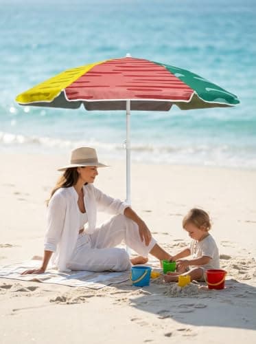 LOTTAFUN 5ft Beach Umbrella Diameter 0.99-1.2 Inch Pole Resistant UV 50+ Portable Sun Shade with Sand Anchor & Carry Bag, Outdoor Folding Umbrella for Beach,Pool,Patio,Garden (3 Color Block) NO Tilt — view 4
