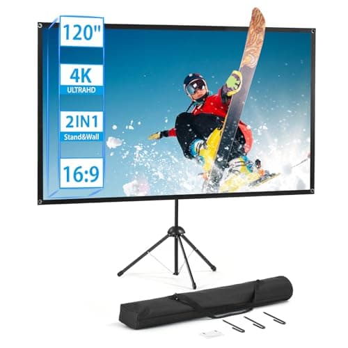 Projector Screen and Stand, Portable Projector Screen, 120 Inch 16:9, Outdoor Projection Screen, 1.2 Gain, 160 Degrees View Angle, 2 Mounting Modes, Fast Setup, Idea for Home Cinema, Backyard Party.