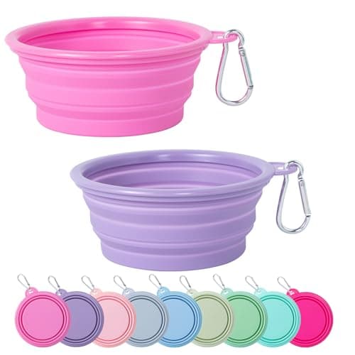 SLSON Collapsible Dog Bowl, 2 Pack Macaron Color Foldable Travel Dog Feeder Bowl Portable Silicone Pet Food Water Dish for Dogs Cats Camping Hiking (Macaron Rose and Violet)